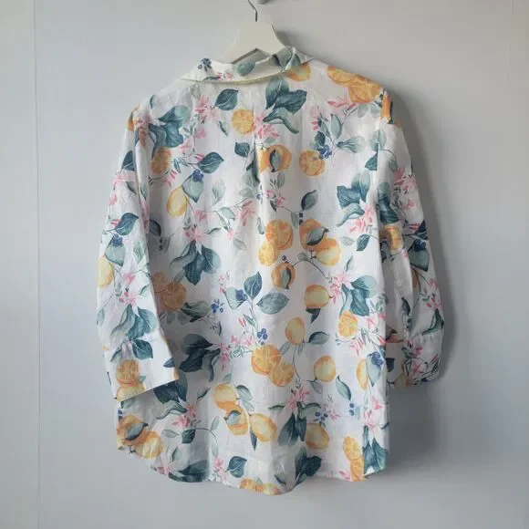 Chicos womens 100% linen shirt size 12 no Iron  lemon flower 3/4 sleeve - Picture 2 of 8